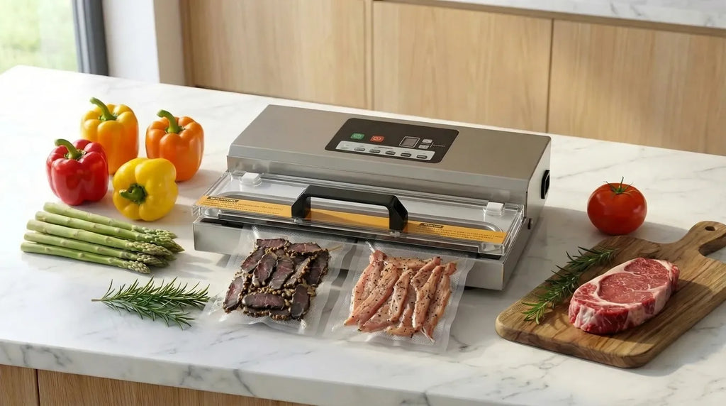 Vakuummaskin som vakuumförpackar torkat kött