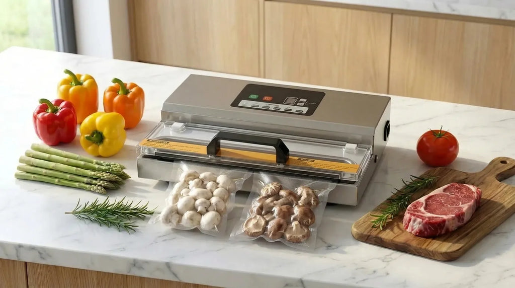 Sous vide-maskin som vakuumförpackar färsk svamp